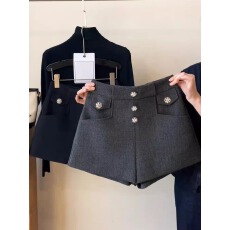 批发已出大货<b class='q'>冬</b>季毛呢短裤高腰直筒阔腿裤气质高级感修身显瘦靴裤钻扣