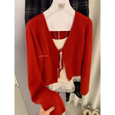 批发已出大货韩国东大门系带V领针织开衫毛衣+花边吊带叠穿两件套上衣