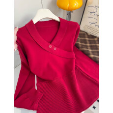 批发已出大货 红色v领长袖针织衫女毛衣2026秋冬本命年内搭打底衫上衣