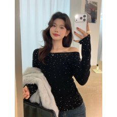 批发已出大货黑色烫钻针织打底衫女内搭秋冬高级感巨好看的亮闪闪上衣