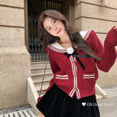 批发已出大货 减龄撞色海军领针织保暖毛衣(配可拆卸花朵)2025新款