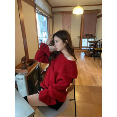 批发已出大货法式荷叶边一字肩喇叭袖红色毛衣女气质慵懒设计针织上衣