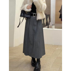 已出大货 灰色毛呢百褶半身裙女2025秋冬新款高腰a字加绒半身裙