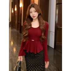 已出大货 高级感U领收腰长袖打底衫新款修身显瘦内搭针织上衣女