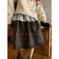 已出大货学院风格子木耳边半身裙女2025复古减龄高腰显瘦伞裙中裙