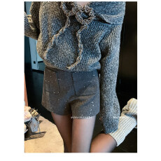 已出大货 小香风灰色毛呢短裤女外穿冬亮片加厚呢子短款休闲裤子