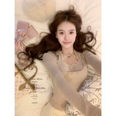 已出大货 燕麦奶咖带胸垫假两件针织打底 高弹力定染蕾丝打底衫