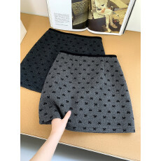 批发已出大货 蝴蝶结小香风印花灰色毛呢短裙女新品<b class='q'>百搭</b>a字包臀半身裙