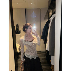 批发已出大货【曼达庄园】撞色假两件蕾丝打底衫女纯欲方领<b class='q'>长袖</b>T恤