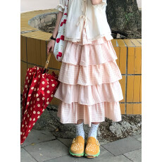 批发已出大货 格子多层蛋糕裙女2026春季新款多巴胺松紧腰层次感半裙