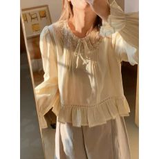 批发2026早春韩系温柔风泡泡袖蕾丝拼接<b class='q'>衬衫</b>女长袖系带收腰苎麻小衫