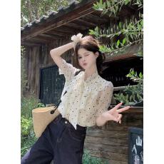 法式温柔风蝴蝶结波点短袖衬衫女2026年新款荷叶边系带上衣高级感