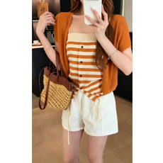 批发有货报单拿 黄绿条纹下摆抽绳抹胸背心女修身上衣针织开衫两件套