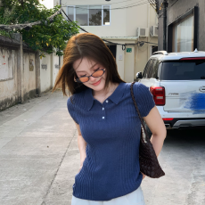 批发有货报单拿 polo领坑条针织短袖t恤女夏季独特超好看修身显瘦上衣