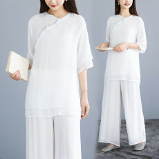 批发实拍 仙气棉麻瑜伽服夏季禅修服女两件套套装新款禅意居士服