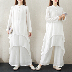 批发实拍 原创中式女装连衣裙<b class='q'>棉麻</b>中长款文艺瑜伽服茶服禅舞服太极服