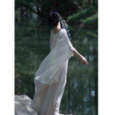 批发非实拍 圆领新中式国风<b class='q'>白色</b>连衣<b class='q'>裙子</b>女春款宽松慵懒风气质晨袍