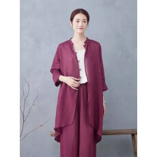 批发修行禅服佛系禅意素衣套装中式苎麻两件套斜襟居士服禅修服