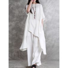 批发大码个性不规则棉麻套装女长款显瘦白衬衣百搭阔腿裤