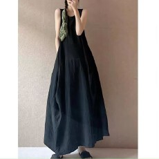 批发非实拍 棉麻超长<b class='q'>黑色</b>背心裙圆领套头拼接宽松显瘦文艺花苞<b class='q'>长裙</b>