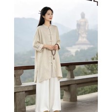批发亚麻复古衬衫女2026宽松中长款长袖太极服上衣棉麻衬衣裙