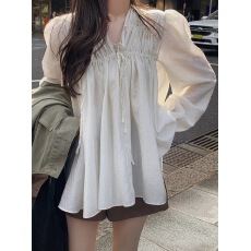 批发已出货  <b class='q'>韩国</b>ins 系带V领褶皱纯色泡泡袖衬衫<b class='q'>雪纺衫</b>