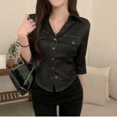 批发<b class='q'>韩国</b>ins 复古休闲时尚收腰修身<b class='q'>牛仔</b>衬衫