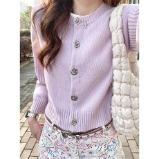 批发绵羊绒#韩系粉紫色坑条毛衣外套女春秋季新款小个子针织开<b class='q'>衫</b>