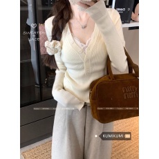 批发V领长袖针织衫<b class='q'>秋</b>冬甜辣内搭修身初冬白色打底修身上衣女装