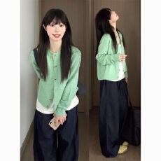 批发韩系早<b class='q'>秋</b>薄荷长袖针织开衫上衣2025<b class='q'>秋</b>季新款慵懒绿色毛衣外套