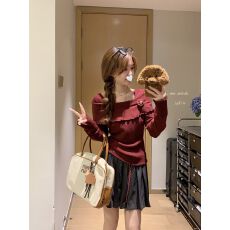 批发圣诞红新年红#安可拉红一字肩针织衫<b class='q'>长袖</b>女秋冬修身内搭打底上衣