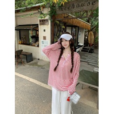 批发垂感轻薄撞色条纹大版防晒长袖tee宽松防晒罩衫上衣女