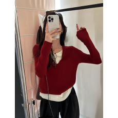 批发天猫抖音质量美式新款连帽假两件打底<b class='q'>针织</b>衫女秋冬毛衣短款上衣