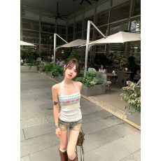 批发美式洋气挂脖背心吊带新款撞色针织衫薄款<b class='q'>夏</b>季无袖辣妹上衣女