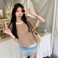 批发韩版撞色圆领软糯短袖针织衫女装MM遮肚子设计感小众百搭t恤上衣