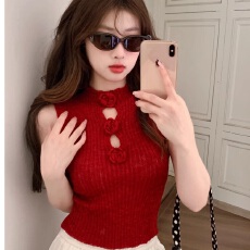 批发辣妹风红色立体花朵<b class='q'>镂空</b>背心吊带女夏季2026新款显瘦针织短款上衣
