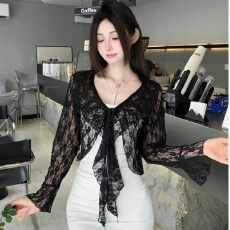 批发纯欲披肩夏季荷叶长袖薄款镂空外套喇叭蕾丝系带防晒<b class='q'>开衫</b>罩衫上衣