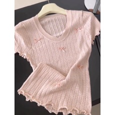 批发简约韩系复古休闲感蝴蝶结短袖<b class='q'>针织衫</b>2026夏季甜妹少女微修身上衣