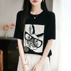 批发趣味卡通眼镜兔子印花毛针织衫女夏韩版冰丝宽松时尚显瘦短袖上衣