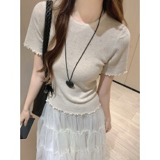 批发冰爽丝#木耳边圆领镂空短袖t恤女韩系小个子辣妹修身上衣针织衫