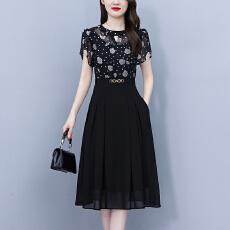 批发高端时尚轻奢高级感印花拼接假两件打底裙女收腰显气质优雅<b class='q'>连衣裙</b>