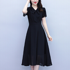 批发法式V领短袖<b class='q'>雪纺</b>连衣裙女2026夏新款蝴蝶结飘带纯色妈妈A字长裙子