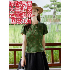 批发现货 新中式绿色提花短袖衬衫女2025年新款国风斜襟上衣改良唐装