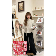 批发入冬搭配一整套韩系穿搭<b class='q'>小香</b>风蕾丝蝴蝶结毛呢外套休闲裤两件<b class='q'>套装</b>