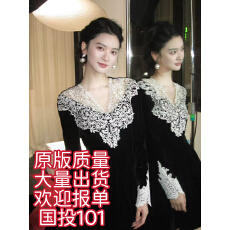 批发从一时刻撒旦之花<b class='q'>蕾丝</b>花边V领长袖丝绒连衣裙收腰A摆长<b class='q'>短裙</b>