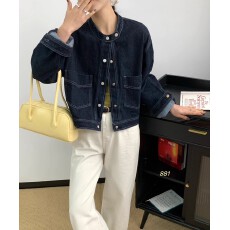 批发2025早春新款复古立领大口袋小个子休闲宽松慵懒风短款牛仔外套女