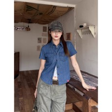 批发国潮美式复古薄款正肩牛仔短袖衬衫女<b class='q'>夏</b>季显瘦休闲高街T恤上衣