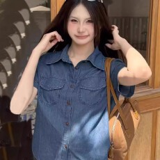 批发2025新款美式修身正肩薄款polo领牛仔短袖衬衫女显瘦<b class='q'>夏</b>季短上衣潮