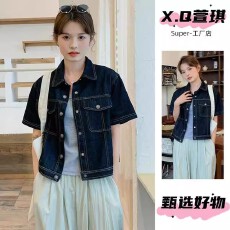 批发韩版复古黑蓝色短袖牛仔外套女装<b class='q'>夏</b>季新款慵懒风短款宽松夹克上衣