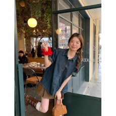 批发休闲慵懒短袖牛仔衬衫女<b class='q'>夏</b>季衬衣法式高级设计感刺绣宽松气质上衣